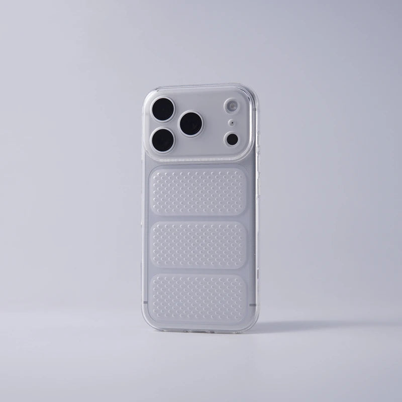 A clear, transparent phone case with a textured honeycomb pattern on the lower half, shown on a light gray background.