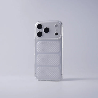 A clear, transparent phone case with a textured honeycomb pattern on the lower half, shown on a light gray background.