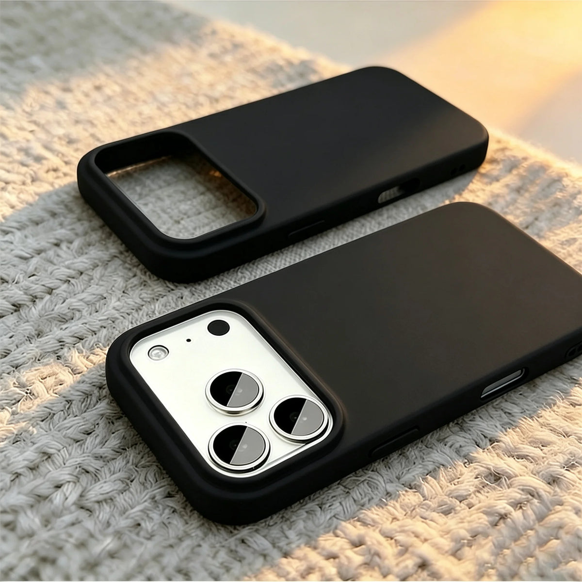 Two matte black phone cases shown on a textured light gray knit surface, one empty and one fitted with a silver smartphone.