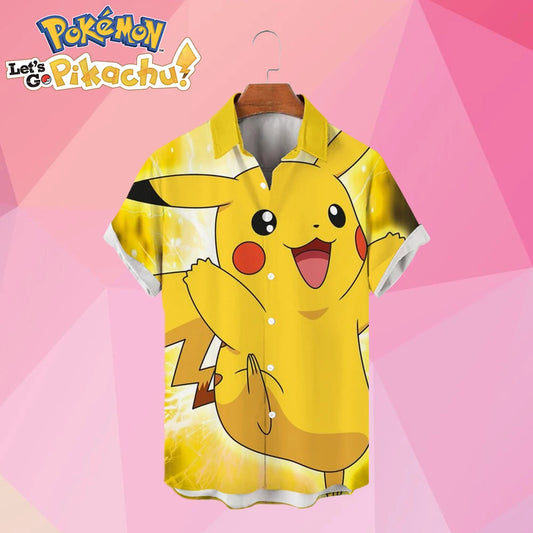 Pikachu Men's Shirt Short Sleeve Cute HD Printed Street Wear Hawaiian Casual 2024 Harajuku Children's Anime Cartoon