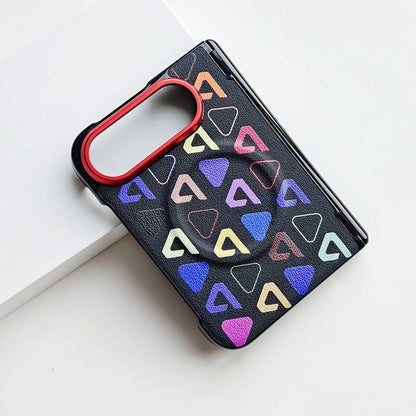 A black textured phone case with a colorful geometric triangle pattern and a red camera bumper, shown on a clean white background.