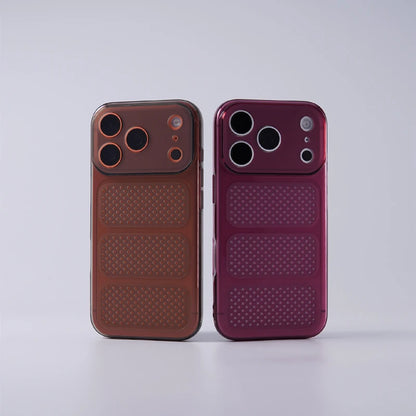 Two protective phone back covers shown side-by-side on a light gray studio background. The left cover is a warm metallic bronze-brown, and the right cover is a deep metallic plum-purple.