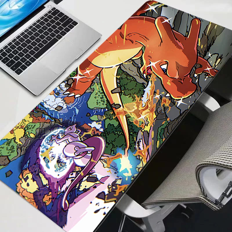 Colorful desk mat with cartoon characters on a desk setup with a laptop and chair.