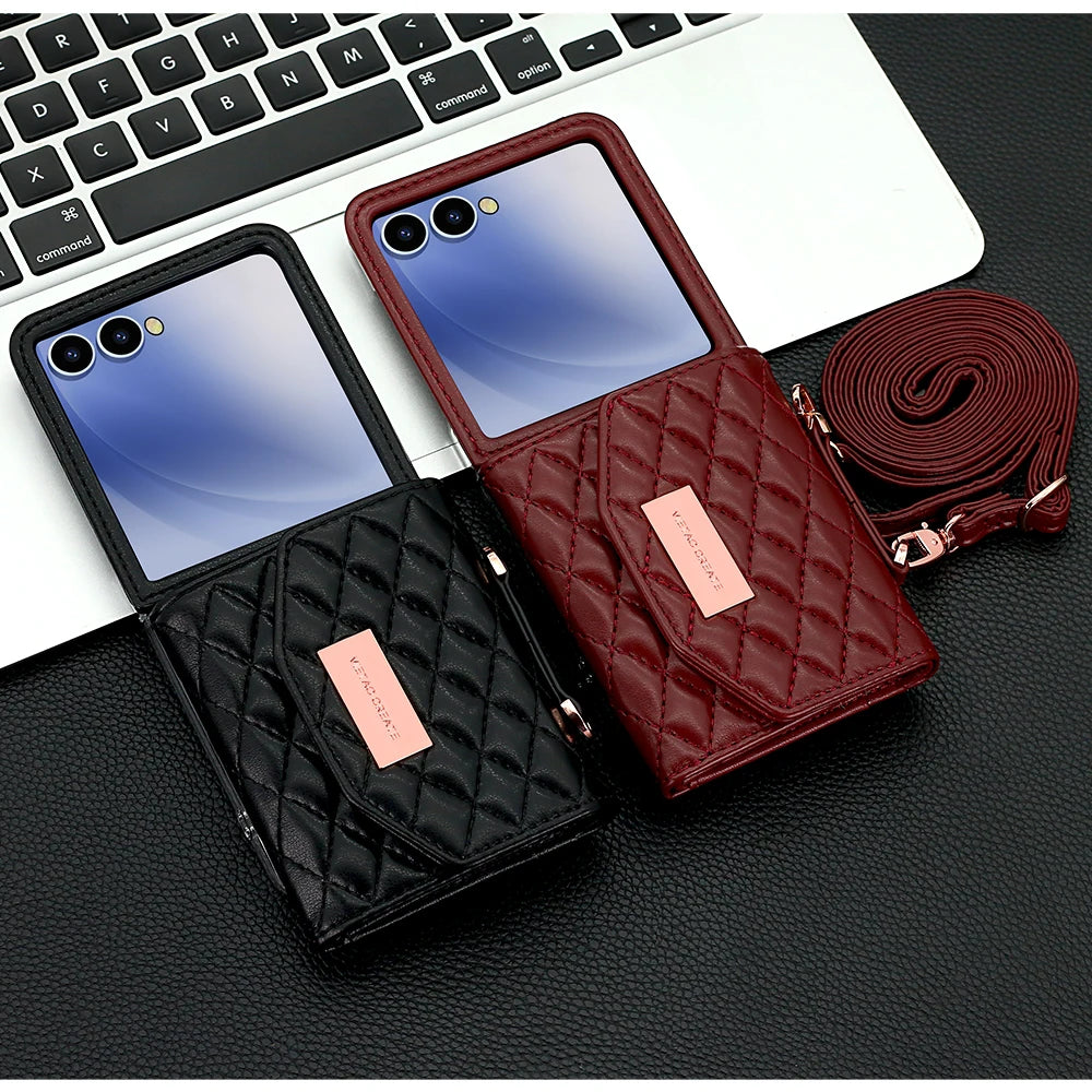 VIETAO Luxury Soft PU Leather Wallet Phone Case for Galaxy Z Flip 7/6/5/4/3 with Crossbody Strap - Durable Protective Cover