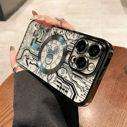 Luxury Magsafe Mechanical Gear Transparent Case For iPhone 16 Pro Max 15 14 13 12 11 Plus Soft Wireless Charging Magnetic Cover