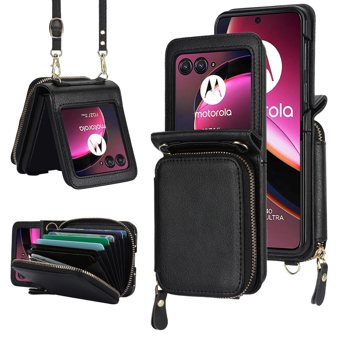 Crossbody Zipper Cards Solt Wallet Leather Case for Motorola Razr 50 Ultra Razr50 40 Long Lanyard Bag RFID Multifunctional Cover