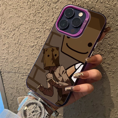 Cartoon Box Man Pattern Plating Phone Case for iPhone 16 15 14 13 12 11 Pro Max 16E XS X XR 7 8 Plus SE2 Shockproof Matte Cover