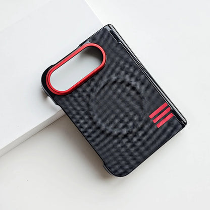 A black textured phone case with a red camera ring and three red stripes on the lower right, shown on a clean white background.