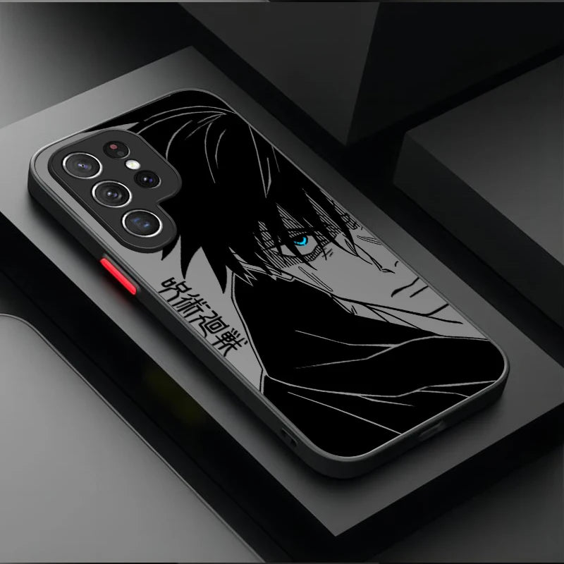 A black phone case featuring a monochrome anime-style character print with a single blue eye and Japanese text, shown on a dark smartphone against a dark gray and black geometric background.