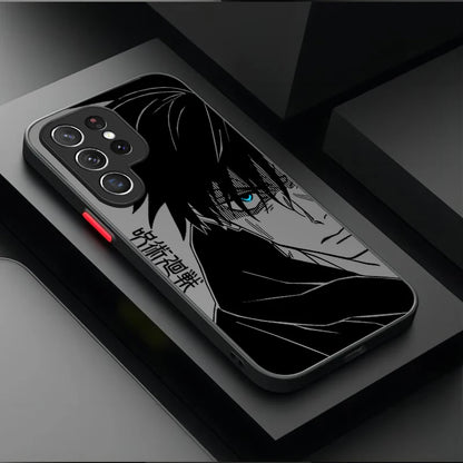 A black phone case featuring a monochrome anime-style character print with a single blue eye and Japanese text, shown on a dark smartphone against a dark gray and black geometric background.