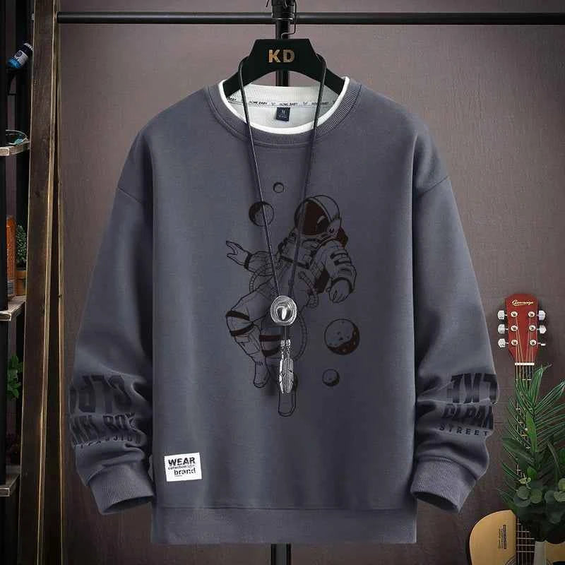 Autumn Men's Sweatshirt Adolescent Astronaut Printed Long Sleeve T-shirt Fashion Men's Clothing Grey O Neck Harajuku Top New