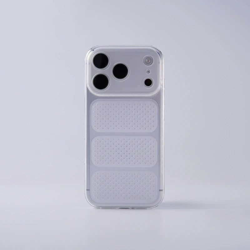 A clear protective phone case with a textured, honeycomb-patterned back panel, shown on a silver smartphone against a light gray studio background.