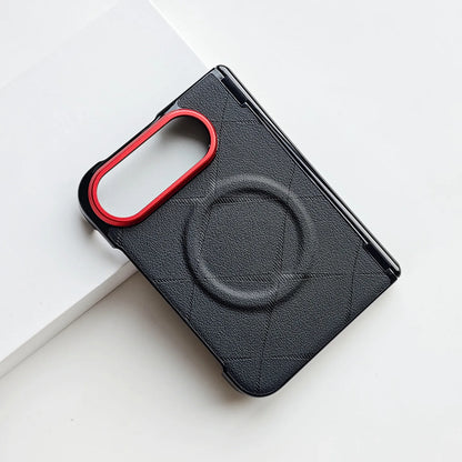 Black textured phone case with a red accent ring around the camera cutout, displayed on a clean white surface.