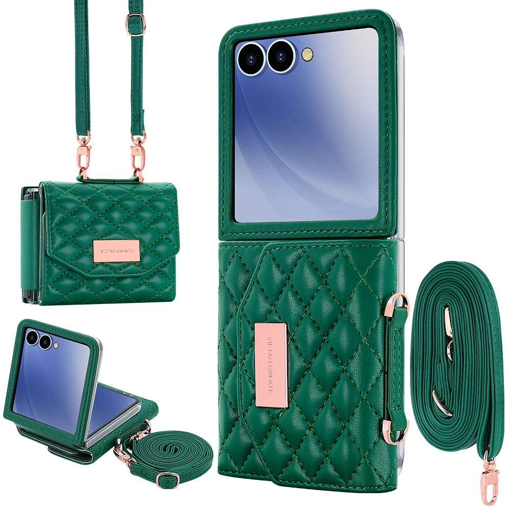VIETAO Luxury Soft PU Leather Wallet Phone Case for Galaxy Z Flip 7/6/5/4/3 with Crossbody Strap - Durable Protective Cover