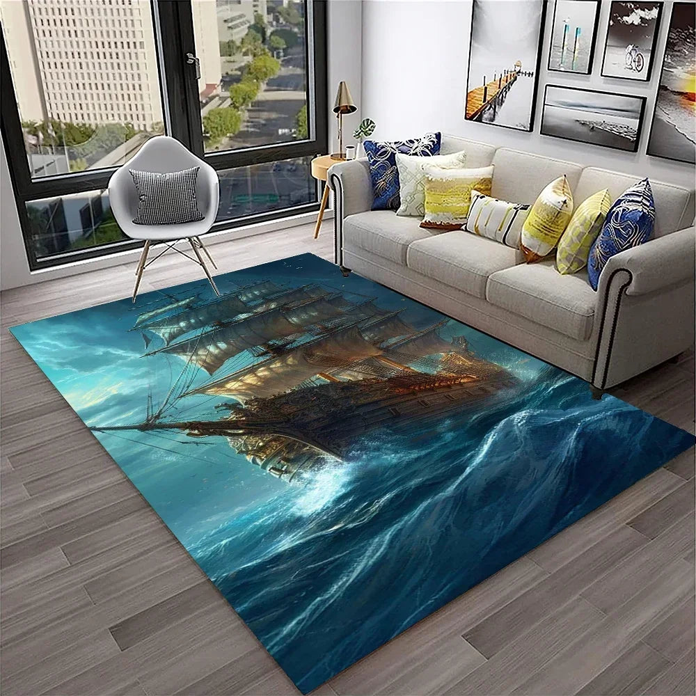 3D Pirate Ship Boat,Sailboat,Barque Carpet Rug for Home Living Room Bedroom Sofa Doormat Decor,kids Area Rug Non-slip Floor Mat