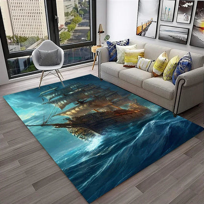 3D Pirate Ship Boat,Sailboat,Barque Carpet Rug for Home Living Room Bedroom Sofa Doormat Decor,kids Area Rug Non-slip Floor Mat
