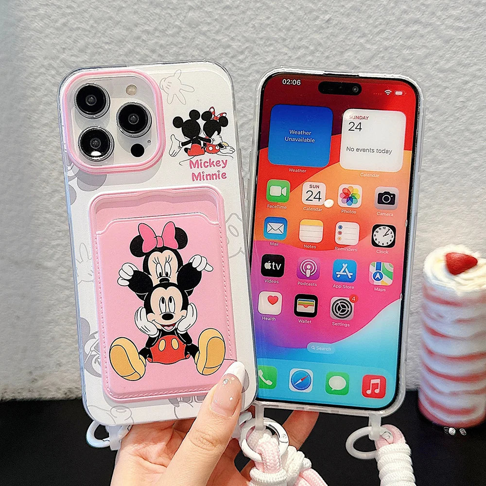 Couple Card Holder Cartoon Phone Case for iPhone 16 14 Plus 15 Pro Max 11 12 13 Pro X XS XR 7 8 SE With Lanyard