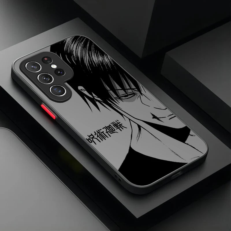 A black phone case featuring a black and white anime-style character illustration, shown on a dark gray smartphone. The case has a red accent ring near the side button area and is displayed on a dark geometric surface.