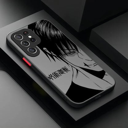 A black phone case featuring a black and white anime-style character illustration, shown on a dark gray smartphone. The case has a red accent ring near the side button area and is displayed on a dark geometric surface.