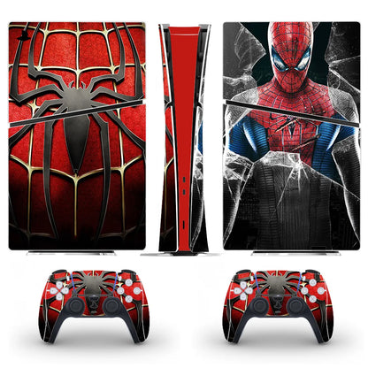 Gaming console and controller skin with Spider-Man design on a white background
