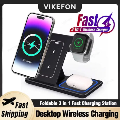 3 in 1 Desktop Wireless Charger Foldable Fast Phone Charge Station For iPhone 16 15 14 13 12 Apple Watch 10/9/8/7/6 AirPods 3/2