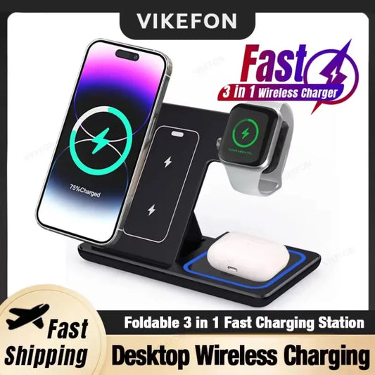 3 in 1 Desktop Wireless Charger Foldable Fast Phone Charge Station For iPhone 16 15 14 13 12 Apple Watch 10/9/8/7/6 AirPods 3/2