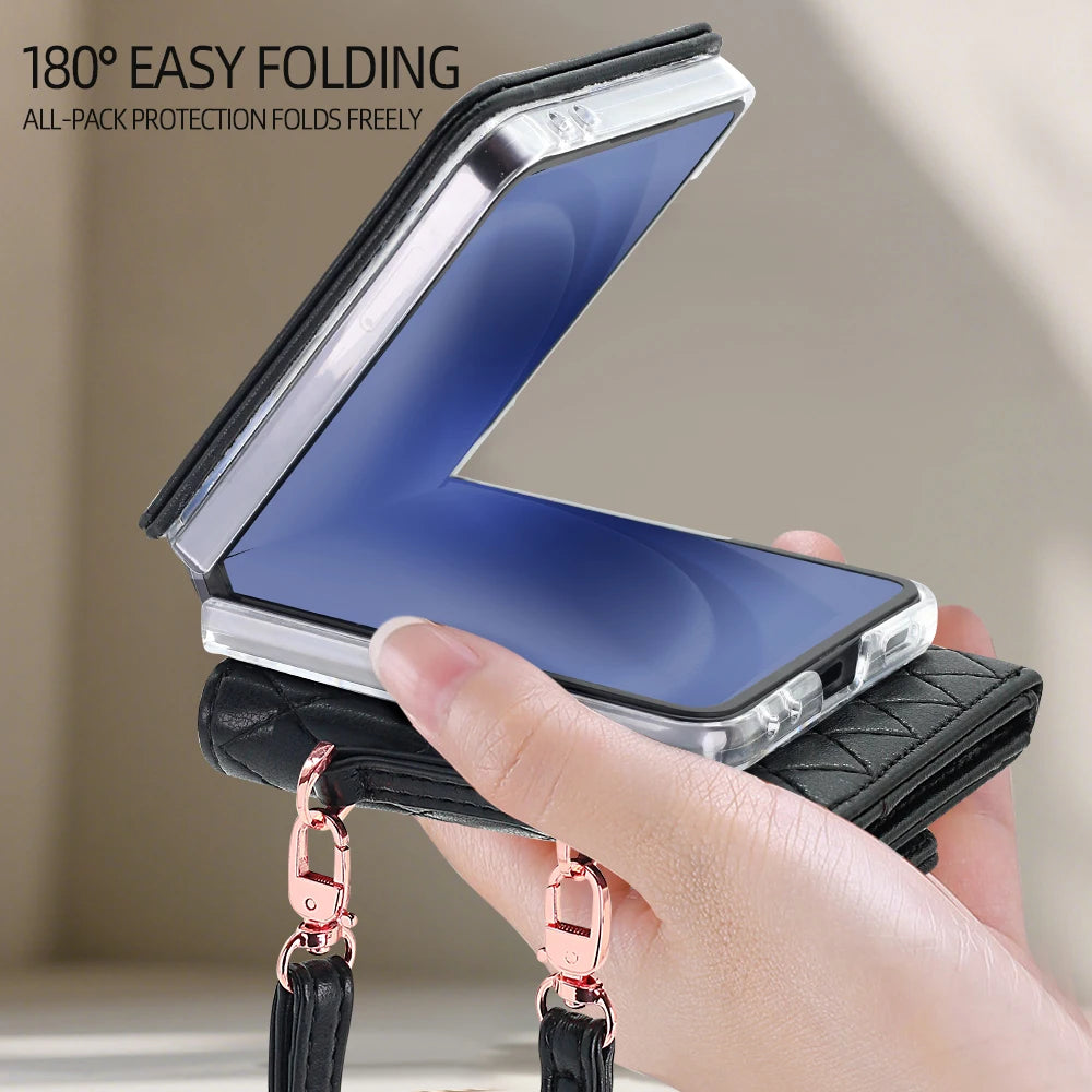 VIETAO Luxury Soft PU Leather Wallet Phone Case for Galaxy Z Flip 7/6/5/4/3 with Crossbody Strap - Durable Protective Cover