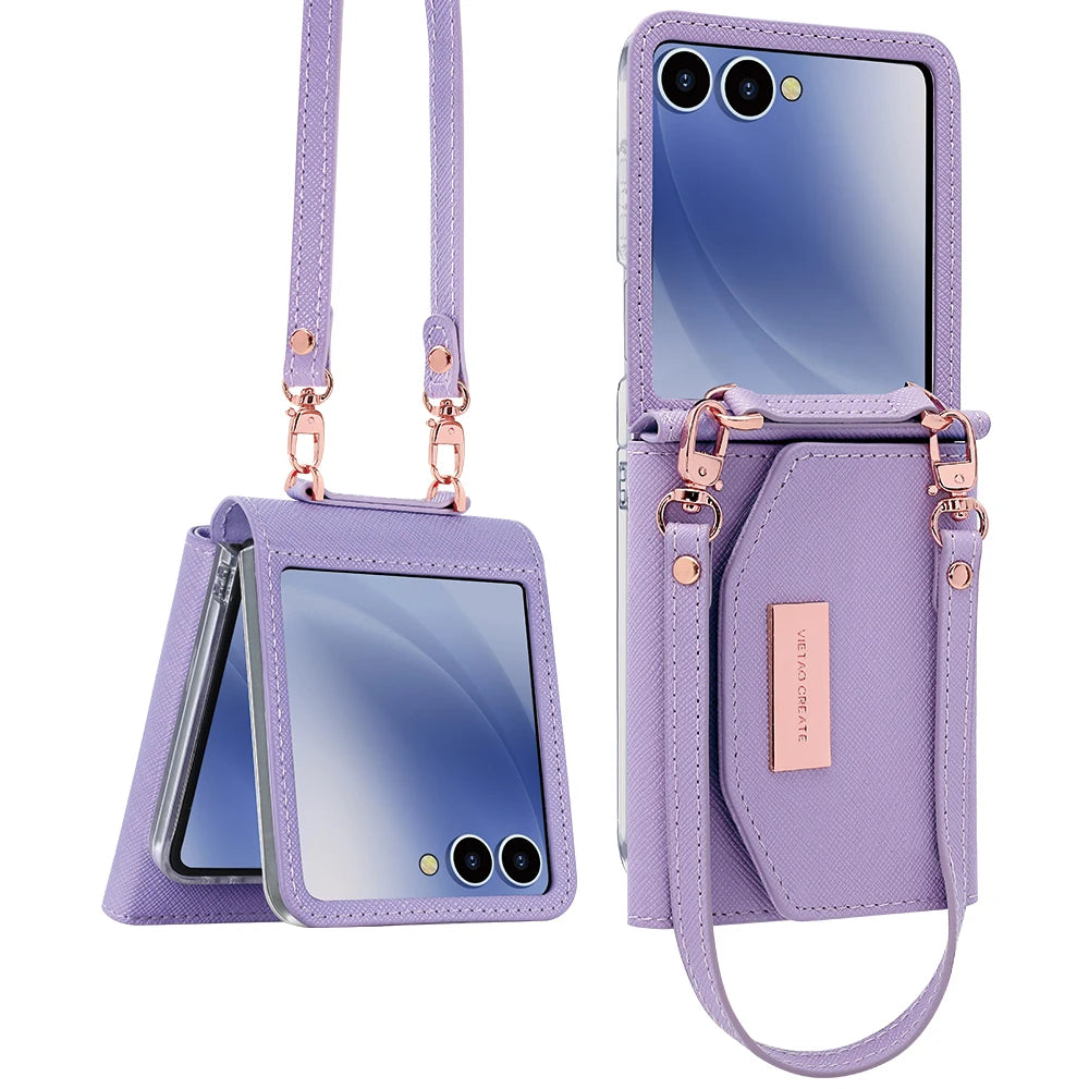 VIETAO Dark Red PU Leather Wallet Phone Case with Wrist Strap for Galaxy Z Flip 7/6/5/4/3 Women's Fashionable Phone Cover Case