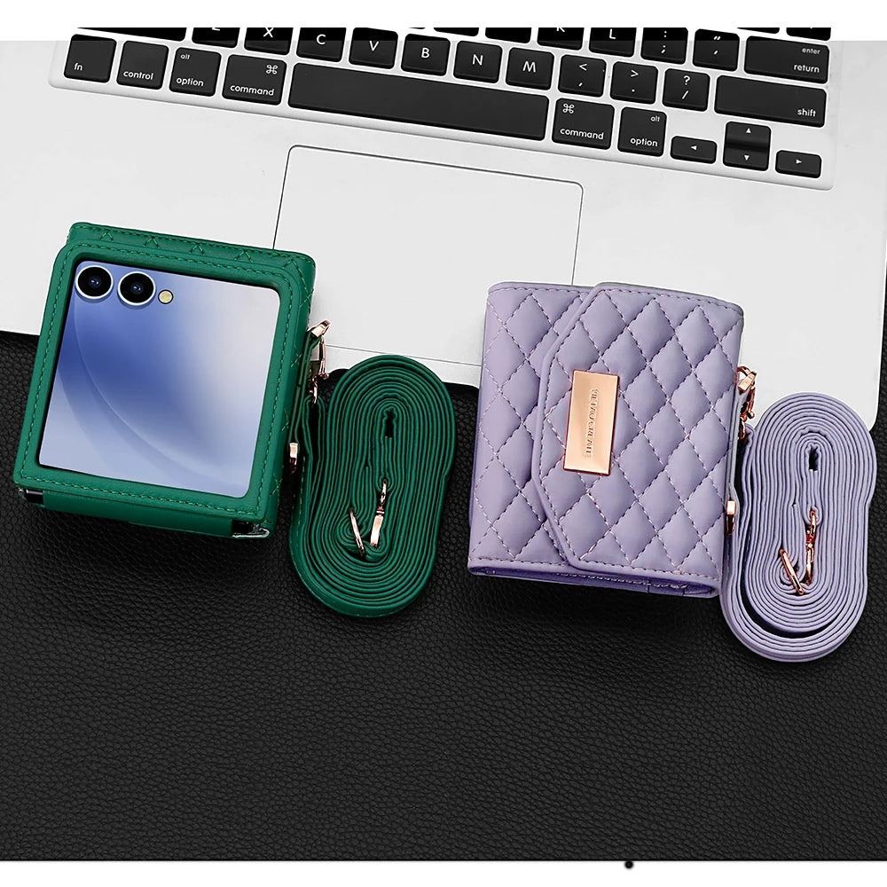 VIETAO Luxury Soft PU Leather Wallet Phone Case for Galaxy Z Flip 7/6/5/4/3 with Crossbody Strap - Durable Protective Cover