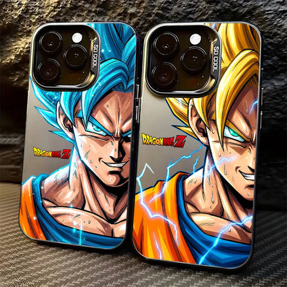 Two phone cases featuring anime-style Dragon Ball Z character artwork, shown side by side against a dark textured background. One case shows a blue-haired character in a blue and orange outfit, and the other shows a yellow-haired character in a similar blue and orange outfit.