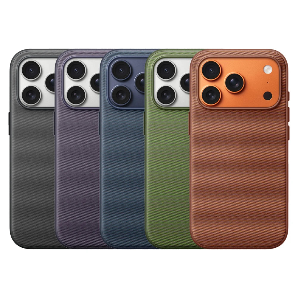 Five phone cases in different colors on a white background