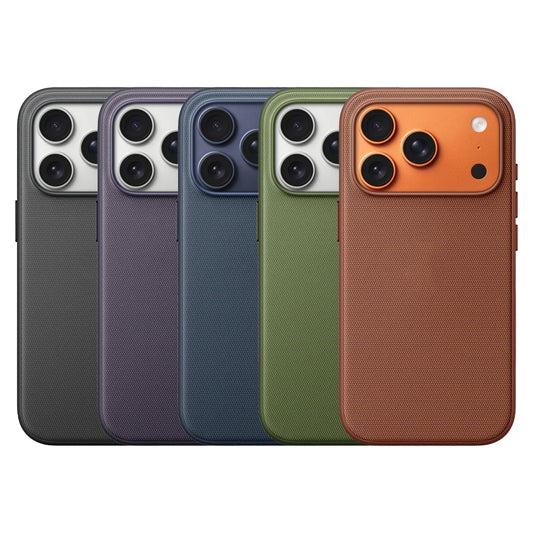 Five phone cases in different colors on a white background