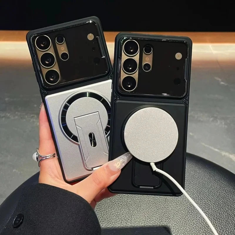 Two phone cases with wireless charging features held by a hand.