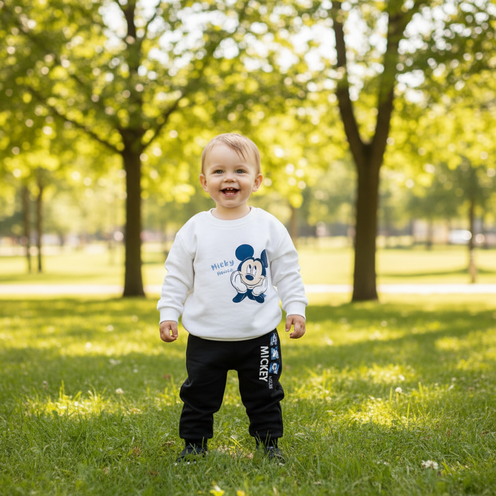 A toddler stands on a grassy park path wearing a white long-sleeve shirt with a Mickey Mouse graphic and black pants with Mickey text, photographed outdoors with blurred green trees in the background.