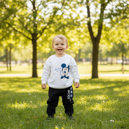 A toddler stands on a grassy park path wearing a white long-sleeve shirt with a Mickey Mouse graphic and black pants with Mickey text, photographed outdoors with blurred green trees in the background.