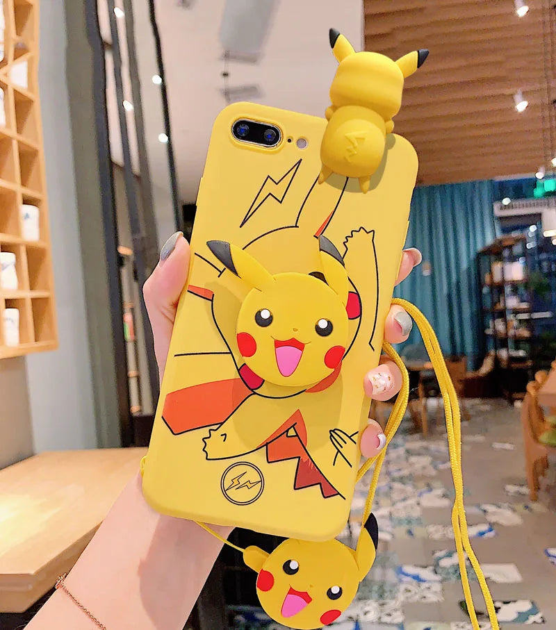 iPhone 6 6s 7 8 X Xs Max XR 11 12 13 14 15 16 Pro Max SE Pokemon Pikachu Phone Case With Holder Rope