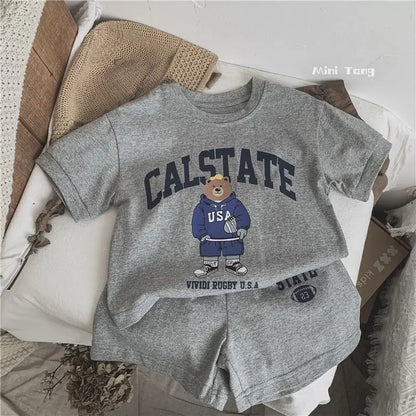 Summer Toddler Baby Girl Solid Cotton Clothes Short Sleeve Cartoon Bear Printed T-shirts and Shorts 2pcs Set Kid Boy Tracksuits - ST Superstore