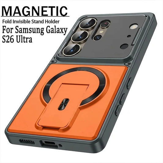An orange and dark gray magnetic fold-in stand holder phone case for Samsung Galaxy S26 Ultra, shown on a white background with text overlay.