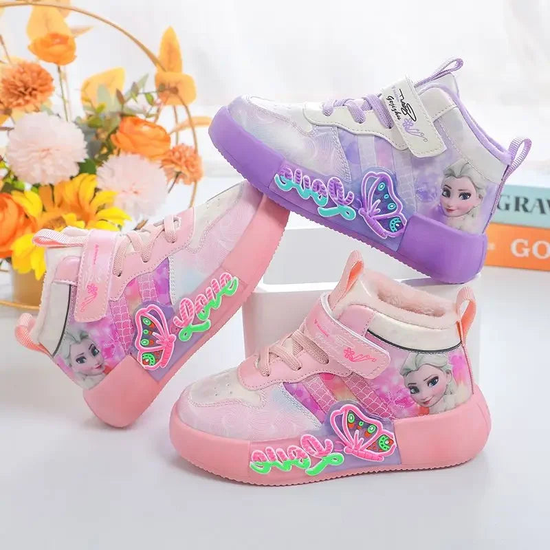 Cartoon Children's Casual Shoes Girls' Sports Shoes Frozen Priness Elsa Girls' High Top Pink Fashion Shoes Sneakers Size 25-36