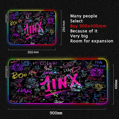 Arcane Jinx LOL Mouse Pad  RGB Keyboard Cover Colorful MousePad LED Light E-sports Mousepad Computer Gamer Glow Long Desk Mat