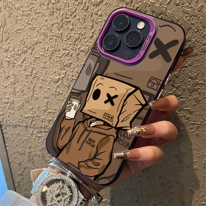 Cartoon Box Man Pattern Plating Phone Case for iPhone 16 15 14 13 12 11 Pro Max 16E XS X XR 7 8 Plus SE2 Shockproof Matte Cover