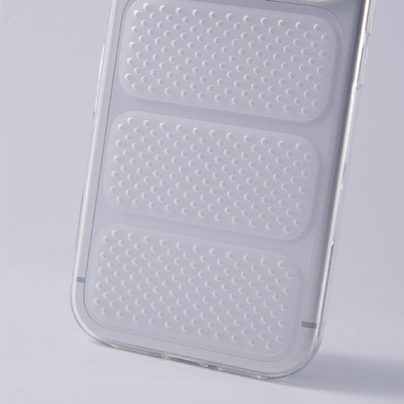 A clear phone case with three textured, raised rectangular panels on the back, shown against a light gray studio background.
