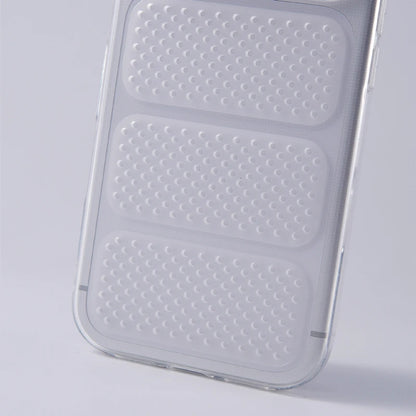 A clear phone case with three textured, raised rectangular panels on the back, shown against a light gray studio background.