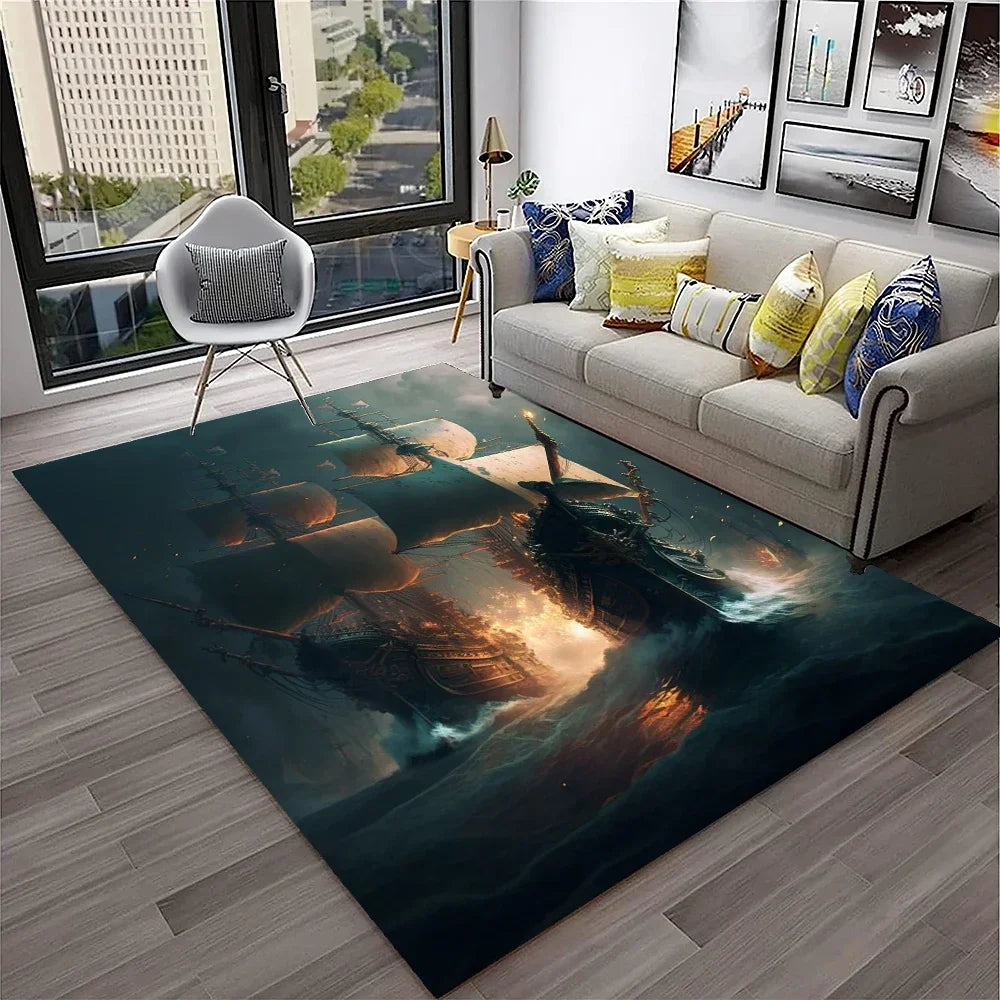 3D Pirate Ship Boat,Sailboat,Barque Carpet Rug for Home Living Room Bedroom Sofa Doormat Decor,kids Area Rug Non-slip Floor Mat