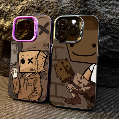 Cartoon Box Man Pattern Plating Phone Case for iPhone 16 15 14 13 12 11 Pro Max 16E XS X XR 7 8 Plus SE2 Shockproof Matte Cover