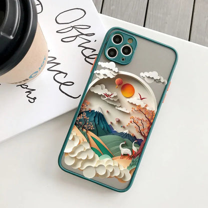 Phone case with nature design on a surface with a coffee cup and magazine.