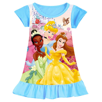 Summer New Cartoon Anna Elsa Printing Sleepwear Snow White Mermaid Girl Nightgowns Children Party Dresses Pajamas For Girls