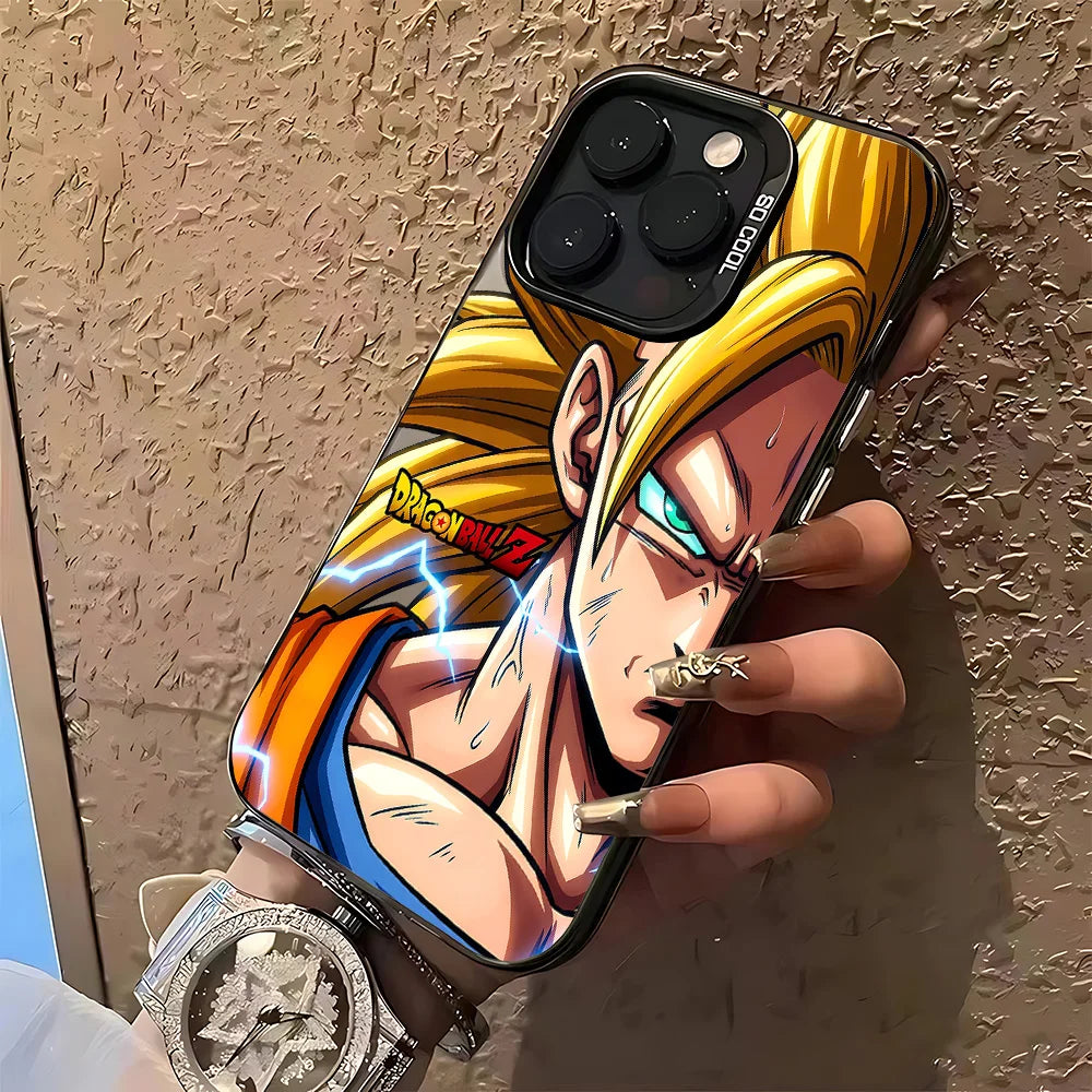 A close-up of a hand holding a smartphone case featuring an anime-style character with blond hair, blue eyes, and a blue-and-orange outfit. The case has a black border and a visible Dragon Ball Z logo.