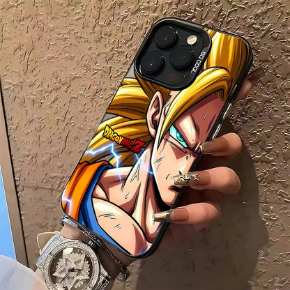 A close-up of a hand holding a smartphone case featuring an anime-style character with blond hair, blue eyes, and a blue-and-orange outfit. The case has a black border and a visible Dragon Ball Z logo.