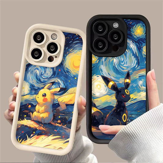 Oil Painting P-Pokemon Case for iPhone 14 15 Pro Max 13 12 11 X XS XR 7 8 Plus SE 2020 Shockproof Soft Silicone Protective Cover